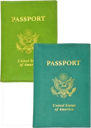 2 Passport Cover Holders Genuine Leather ID Wallet Case Travel Lime and Teal