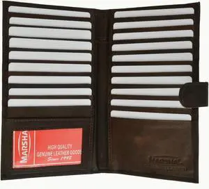 Genuine Leather Credit Card Holder Wallet 19 Card Slots + ID Window & Snap Brown