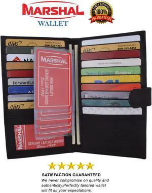 Long Black Genuine Leather Bifold ID Credit Card Money Holder Wallet Organizer.