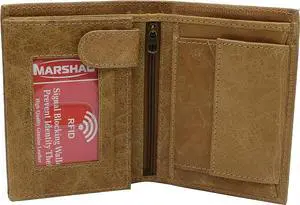 Marshal Men's Genuine Leather Hipster Style Bifold Trifold RFID Blocking Wallet with ID Window (Tan)