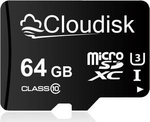 64GB 1-Pack Micro SD Card Cloudisk U3 V30 Class10 Flash MicroSDXC Card High Speed micro SD Memory Card For 4K high-definition camera smartphone  tablet laptop and more
