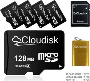 128MB(NOT GB) 5Pack Cloudisk MicroSD Memory Card in Bulk Wholesale Class4 Flash Memory Card for small files text storage and more With Adapter and USB Flash Drive NOT FOR CAMERA or LARGE FILES