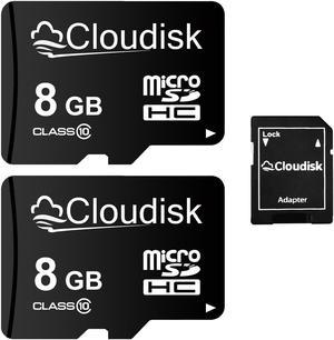 8GB 2Pack Cloudisk MicroSDHC Memory Card in Bulk Wholesale UHS-I Class 10 High Speed for Full HD Video Recording Security Cam Dash Cam Surveillance Compatible phones and more with SD Adapter