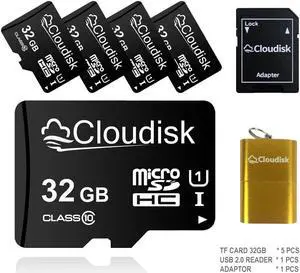 32GB 5-Pack Cloudisk Micro SD Card U3 V30 Class10 MicroSDHC Memory Card Flash Memory Card For 4K high-definition camera smartphone laptop and more With SD Adapter and USB Flash Drive