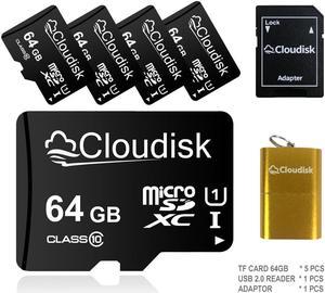 64GB 5-Pack Cloudisk Micro SD Card U3 V30 A2 Class10 UHS-I MicroSDXC Memory Card Flash Memory Card For 4K high-definition camera smartphone laptop and more With SD Adapter and USB Flash Drive