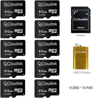 512MB(NOT GB) 10-Pack Cloudisk Micro SD Card Class 4 Flash Memory Card High Speed For Old phones E-books and Small files With Adapter and USB Flash Drive