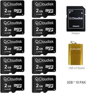 2GB 10-Pack Cloudisk Micro SD Card Class6 High Speed Flash memory Card For Old phones e-books and small files With SD Adapter and USB Flash Drive