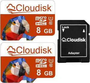 Cloudisk Micro SD Card 8GB 2-Pack With SD Adapter MicroSDHC Memory Card Class10 U1 High Speed For Smartphone Video Security Camera and more