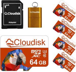 64GB 5Pack Cloudisk Micro SD Card With SD Adapter and USB Flash Drive MicroSDXC Memory Card Flash Memory Card High Speed Class10 U3 V30 for Smartphone Video Camera 4k UHD and more