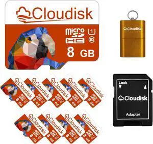 8GB 10Pack Cloudisk MicroSDHC Memory Card  Flash Memory Card U1 Class10 1080p FHD  For Smartphone Security Camera Dash Camera Video Camera and more With SD Adapter and USB Flash drive