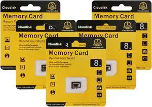 8GB 5Pack MicroSD Card Cloudisk Class10 U1 TF microSDHC Flash Memory Card with High Compatibility For 1080p Full HD Video Recording and Old style smartphone With Adapter and USB Flash drive