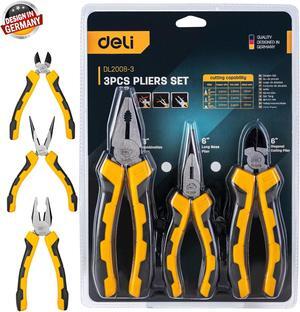 Deli Pliers Set 3-Pi Combination Plier Long Nose Plier Diagonal Cutting Plier Ergonomic Non Slip Soft CR-V Tool, Home Improvement