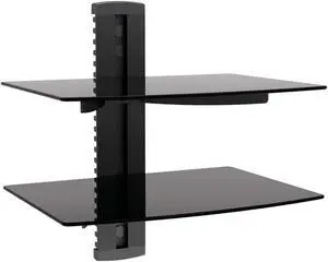 2 TIER DUAL GLASS SHELF WALL MOUNT UNDER TV CABLE BOX COMPONENT DVR DVD BRACKET