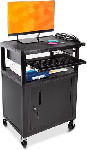 Line Leader Plastic AV Cart with Keyboard Tray and Locking Cabinet | Mobile Workstation with 4 Rolling Casters and 2 Locking Brakes Heavy Duty, Holds up to 75 lbs (34 Inch with Cabinet)
