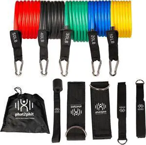 Phat2Phit Resistance Bands, Exercise Bands, Workout Bands with Door Anchor, Handles, Ankle Straps and Carry Bag with Varying Intensity Levels. Set of 11