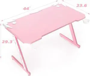 Gaming Desk Computer Desk Gaming Table Z Shaped Pc Gaming Workstation Home Office Desk with Carbon Fiber Surface Cup Holder and Headphone Hook (Pink, 44 Inch)