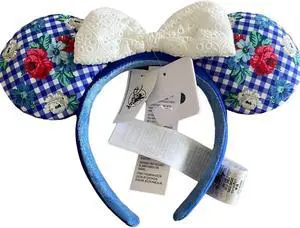 Disney Parks EPCOT Blue Gingham Floral Checkered Minnie Ears Headband