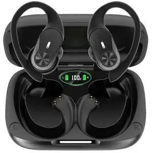 Wireless Earbuds with LED Display, 48H Playtime, IPX8 Waterproof Earhook for Sports Running (Black)