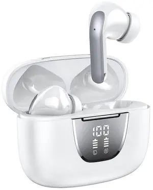 A6 Mini Bluetooth Earbuds White: 76Hrs Playtime, IPX7 Waterproof, LED Display, Touch Control