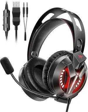 Wired Gaming Headset with Noise Cancelling Mic, 7.1 Surround Sound, RGB LED for PC PS5 PS4 Xbox Mac - Black Wired Gaming Headset with Noise Cancelling Mic, 7.1 Surround Sound, RGB LED for PC PS5 PS4 Xbox Mac - Black