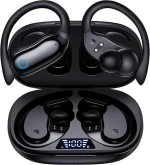 Wireless Bluetooth Earphones 96H Playback IPX7 Waterproof Over-Ear Bass Headphones w/Mic LED Display-Black