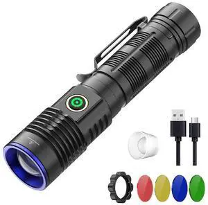 Ecocleanpath 5-in-1 Multicolor LED Tactical Flashlight, 2000 Lumens Rechargeable, Zoomable with Red/Green/Blue/Yellow Lens Ecocleanpath 5-in-1 Multicolor LED Tactical Flashlight, 2000 Lumens Rechargeable, Zoomable with Red/Green/Blue/Yellow Lens