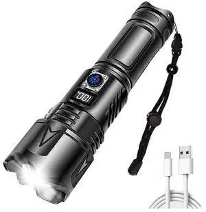 Ecocleanpath Torch LED Tactical Flashlight, 5 Modes Zoom, USB-C Charging & Power Bank, Waterproof Aluminum (Black)