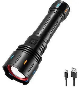 Ecocleanpath 6000 Lumens Super Bright LED Flashlight, 5 Modes Zoomable Waterproof Tactical Torch with Power Bank - Black