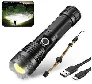 Ecocleanpath 10000 Lumens Rechargeable LED Tactical Flashlight, Zoomable XHP50 with 5 Modes & Power Bank (Black) Ecocleanpath 10000 Lumens Rechargeable LED Tactical Flashlight, Zoomable XHP50 with 5 Modes & Power Bank (Black)