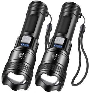 Ecocleanpath 2-Pack Rechargeable LED Flashlight, 4 Modes & Zoomable, Waterproof High Lumens for Camping, Emergencies (Black)