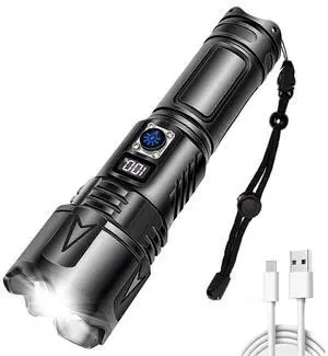 Ecocleanpath Torch LED Tactical Flashlight, 5 Modes Zoom, USB-C Charging & Power Bank, Waterproof Aluminum (Black)