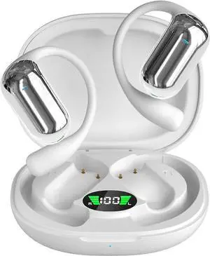 White Earhook Bluetooth Headphones with LED Display, Noise Cancelling Mic for Sports/Running