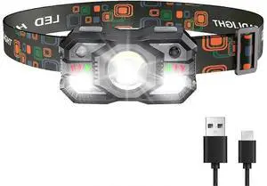 Ecocleanpath 1200 Lumen Rechargeable Headlamp with Motion Sensor, White/Red LED Light, 10 Modes, IP65 Waterproof for Outdoor