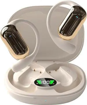 Beige Earhook Bluetooth Headphones with LED Display, 90H Battery & Noise Cancelling Mic for Sports Beige Earhook Bluetooth Headphones with LED Display, 90H Battery & Noise Cancelling Mic for Sports