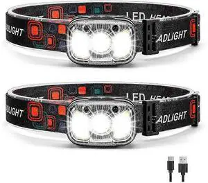 Ecocleanpath 2-Pack Rechargeable Headlamp, 1200 Lumens Ultra-Bright with Motion Sensor & Red Light, Waterproof Black