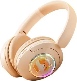 Bluetooth 5.3 Headset with RGB Lighting & Active Noise Cancelling, HiFi Sound (Beige)