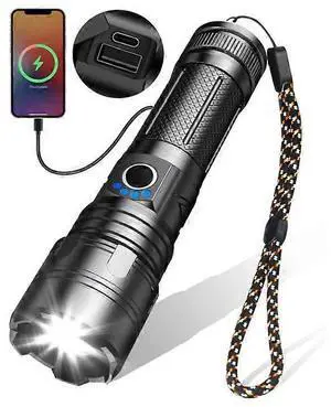 Ecocleanpath 10000 Lumens Rechargeable LED Flashlight, 5 Modes Super Bright IPX5 Waterproof USB-C Tactical Torch (Black)
