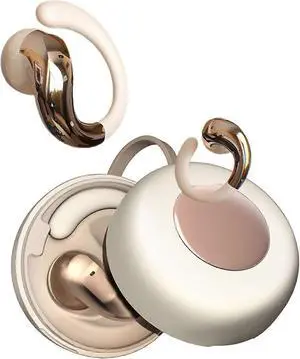 Beige Earhook Earbuds TWS Bluetooth 5.4 for iPhone Android - Secure Fit & Sweatproof