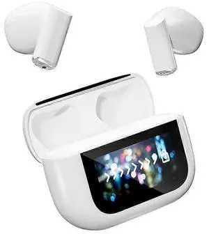 TWS Bluetooth 5.4 Earbuds with Smart Touch Screen Case, 5H Playback, Sweatproof, White