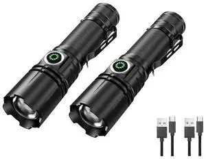 Ecocleanpath 8000 Lumen USB-C Rechargeable Flashlight, IPX45 Waterproof Tactical Light for Camping & Emergency - 2 Pack Black