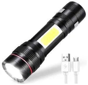 Ecocleanpath 800LM Rechargeable LED Flashlight, Adjustable Focus & Side COB Light, 3 Modes, IPX6 Waterproof, Black