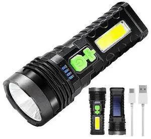 Ecocleanpath 1000 Lumens Solar & USB Rechargeable LED Flashlight, 4 Modes, Waterproof, Black