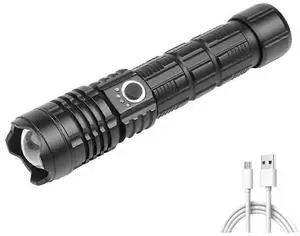 Ecocleanpath XHP70.2 LED Flashlight, USB Rechargeable Zoomable Waterproof Torch with Aluminum Body (Black)