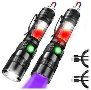 Ecocleanpath 1200 Lumen UV Black Light Flashlight with Red & COB Sidelight, 7 Modes, Magnetic, Waterproof, 2-Pack for Camping