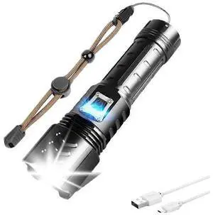 Ecocleanpath XHP90 LED Flashlight, 9000 Lumens, 5 Modes, Zoomable, Waterproof IPX6, Power Bank - Black