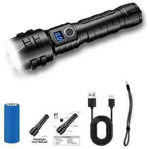 Ecocleanpath 10000 Lumen Rechargeable LED Flashlight, USB-C Zoom & Power Bank, 5 Modes, Black