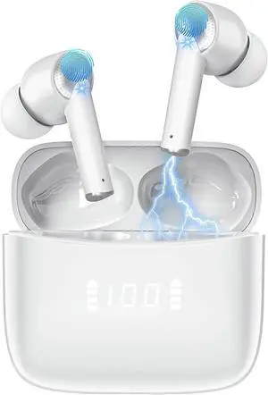 Wireless Bluetooth Earbuds with Noise Cancelling, IPX7 Waterproof, 50H Playback & Digital Display (White)