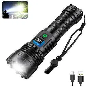 Ecocleanpath 200,000 Lumens Tactical Flashlight, Rechargeable Super Bright LED, IPX45 Waterproof, 5 Modes, Digital Display (Black)