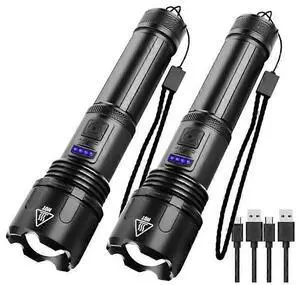 Ecocleanpath 2-Pack 3000 Lumen Rechargeable Pocket Flashlight, Zoomable XHP50 LED, Black