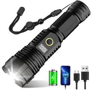 Ecocleanpath 900,000 Lumens Rechargeable LED Flashlight, Zoom, 5 Modes, IPX7 Waterproof, LCD Display, Black Ecocleanpath 900,000 Lumens Rechargeable LED Flashlight, Zoom, 5 Modes, IPX7 Waterproof, LCD Display, Black